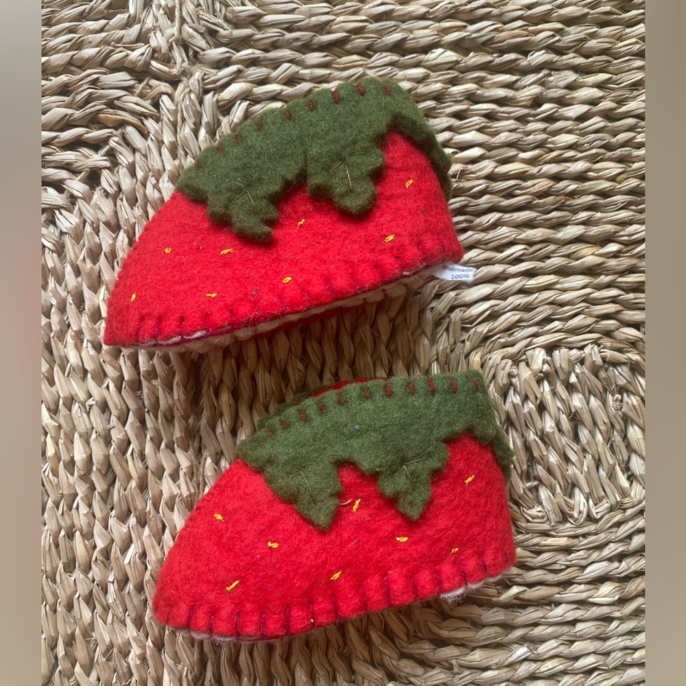 100% handmade felted strawberry baby booties